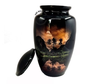 Beach Scene Cremation Urn for Human Ashes: Palm Tree Mountain View