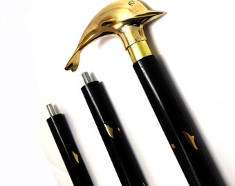 Golden Brass Dolphin Walking Stick - Elegant Rosewood Cane (36 inch)