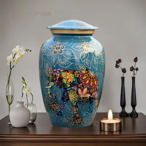 Blue Floral Elephant Cremation Urn: Aluminum Memorial Urn (200 cu in)