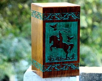 Rosewood Human Ashes Urn: Western Horse Design, Adult Size (220 Cu/in)