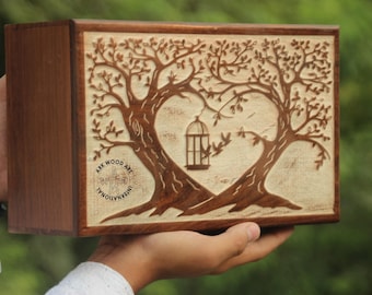 Può includere: Una scatola di legno con un design intagliato di due alberi che formano una forma di cuore con una gabbia per uccelli appesa a un ramo. La scatola è macchiata di marrone e l'intaglio è dipinto di bianco. La scatola ha un logo nell'angolo in basso a destra che dice "Ark Wood Art International".
