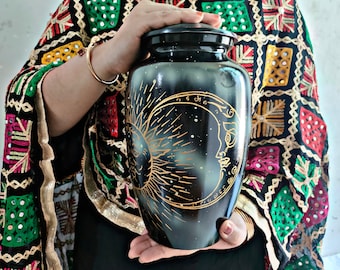 Sun & Moon Galaxy Cremation Urn: Handmade Resin Burial Urn with Velvet Bag
