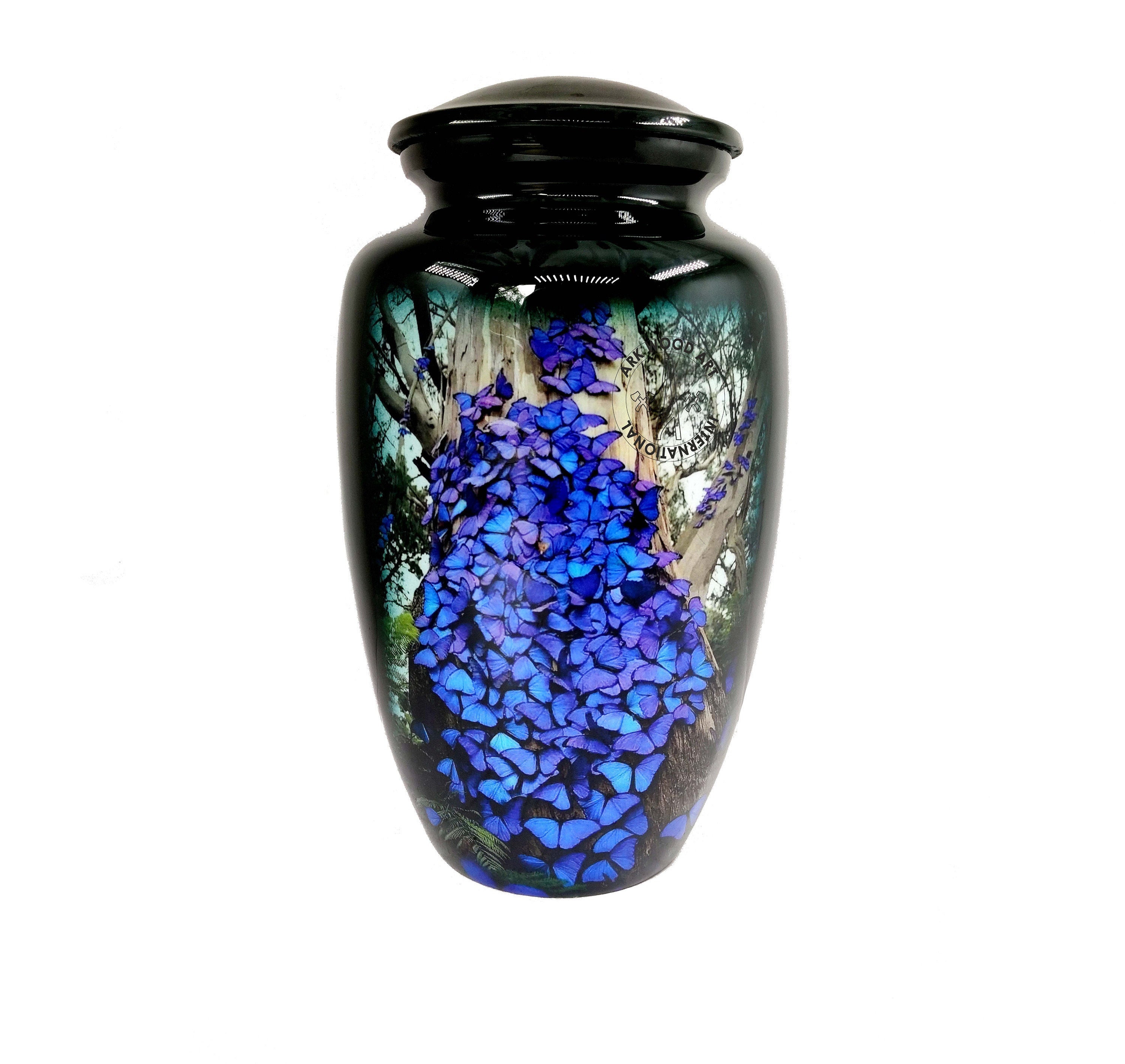 Urns large for Human Ashes | Large Size Blue Urn – Lovely Butterfly Funeral Urn Handcrafted - Urn for Adult ashes - keepsake urns