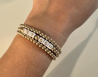 Let God Bracelet Stack Set of 3 | Anxiety Relief | Faith Jewelry | Minimal Gold Beaded Stackable Bracelet | Gift for Her | Trust God