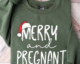 Retro Funny Merry and Pregnant Christmas Pregnant Pregnancy Xmas Baby Pregnancy Announcement Graphic TShirt for Women