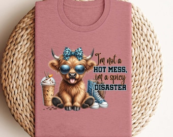 Cute Highland Cow Sticking Out Tongue Unisex T-Shirt, Cow Tshirt, Cow Shirt, Im Not A Mess, Highland Cow T-Shirt ,Cow Tee, Leopard Bow Cow
