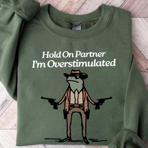 Hold On Partner Im Overstimulated Sweatshirt, Cowboy Frog Sweatshirt, Unhinged Tshirts, Funny Frog Shirt, Frog Lover Gift Shirt