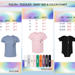 May include: Size chart for youth, toddler, and baby clothing. The chart shows the size, width, and length of shirts in inches. The chart also shows the size, length, and weight of onesies in inches and pounds.