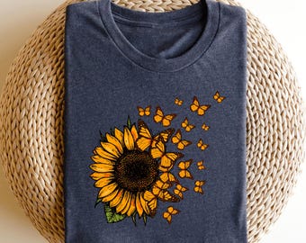 Retro Sunflower Butterfly Sunflower And Flying Butterflies Floral Botanical Flowers Butterfly Graphic TShirt for Women