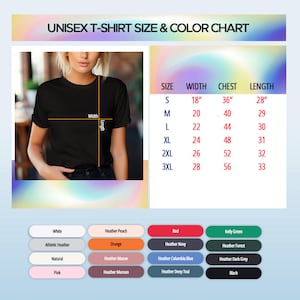 May include: Unisex t-shirt size and colour chart with measurements in inches. The chart shows the width, chest, and length of the t-shirt in sizes S, M, L, XL, 2XL, and 3XL. The chart also includes a colour palette with 16 different colours.