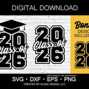 Könnte beinhalten: Schwarz-weißes Grafikdesign mit dem Text "Class of 2026" und einer Abschluss-Kappe. Das Design befindet sich auf einem weißen Ziegelhintergrund. Ein Bonus-Design ist mit dem Text "2026" in Schwarz auf gelbem Hintergrund enthalten.