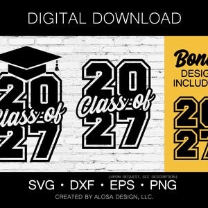 Pode incluir: Design digital para download em preto e branco para a turma de 2027. Inclui um design com um chapéu de formatura e um design bônus. Disponível nos formatos SVG, DXF, EPS e PNG.