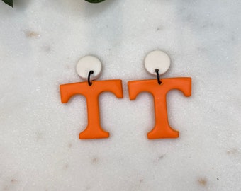 VFL | Polymer Clay Earrings, Orange and White Marble Earrings, University of Tennessee, Vols, Dangle Earrings, Gold Earrings, Power T