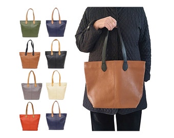 Tote Shoulder Bag, Top Handle Shopper, Italian Leather, Super Lightweight, Womens Gift,  (Black Tan Green Navy Blue Cream Orange Grey)