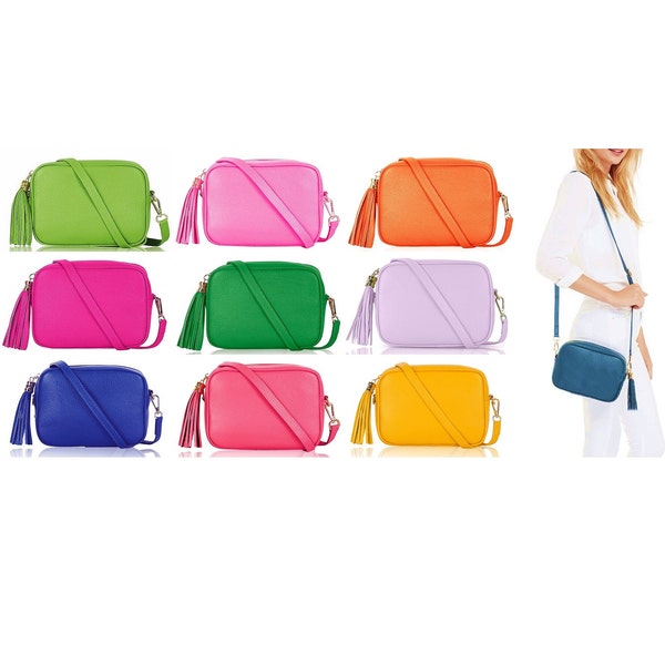 Trendy Camera Bag Crossbody Shoulder Italian Leather Handbag, Wedding Bag, Womens Gift - Summer Colours : Blue Green Orange Pink Red Lilac