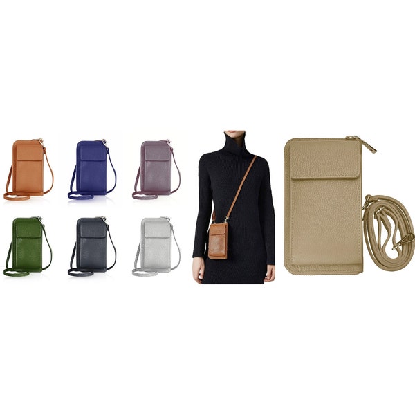 Trendy Luxury Mobile Phone Crossbody Shoulder Bag Pouch Wallet Purse Clutch Italian Leather (Silver Trims Darker Colours)