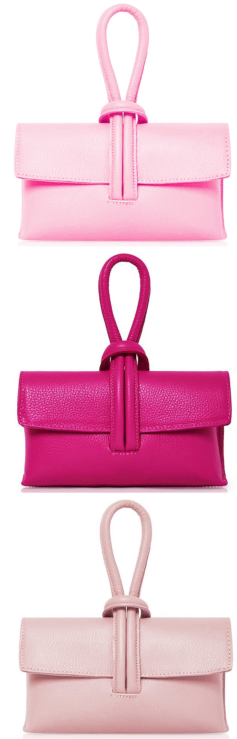 Pink Clutch Crossbody Bag, Pink Clutch Leather Bag, Leather Wristlet Bag, Knot Loop Handle, Wedding Bag, Party Bag, Womens Gift P&W Fuchsia Pink