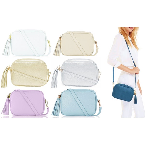 Trendy Camera Bag Crossbody Shoulder Italian Leather Handbag - Lighter Colours : White Cream Gold Silver Pink Blue