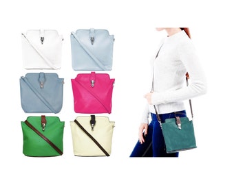 Leather Crossbody Messenger Bag, Vera Pelle Bag, Soft Leather Small Bag, Wedding Bag, Womens Gift (Lighter Colours White Pink Blue Green)