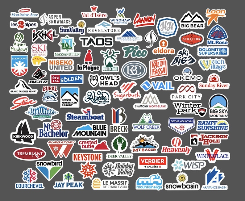 a collection of various logos and brand names, including those of ski resorts, snowboarding, and other winter sports and outdoor activities.