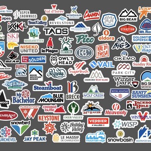 a collection of various logos and brand names, including those of ski resorts, snowboarding, and other winter sports and outdoor activities.