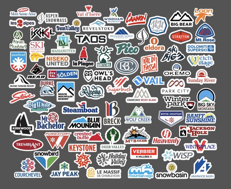 a collection of various logos and brand names, including those of ski resorts, snowboarding, and other winter sports and outdoor activities.
