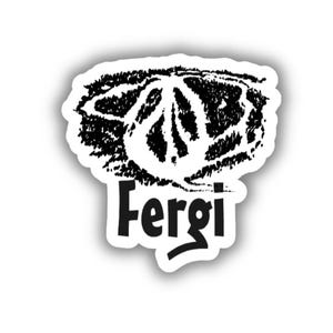 May include: A black and white sticker featuring a stylized illustration of a fruit, possibly a citrus fruit, with the word "Fergi" in a bold, sans-serif font below the fruit image. The sticker has a white border.