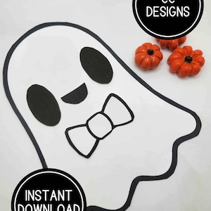 May include: A white ghost illustration with black eyes, a mouth, and a bow tie. The image includes the text "CC DESIGNS" and "INSTANT DOWNLOAD" in black circles. Three small orange pumpkins are also present.
