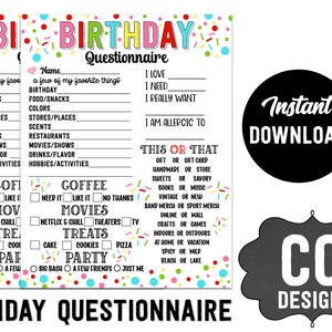 PRINTABLE  Birthday Questionnaire  Favorite Things Quiz  Coworker  Work Office  Friends Wish List  Instant Download