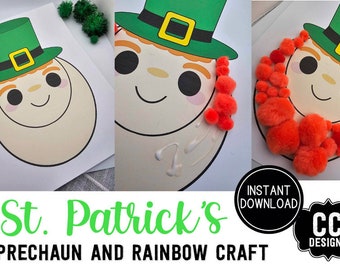 May include: A printable craft activity for kids featuring a leprechaun face with a green hat and a beard made of red pom-poms. The text "St. Patrick's Leprechaun and Rainbow Craft" is at the bottom of the image.  "INSTANT DOWNLOAD" and "CC DESIGNS" are also included in the image.