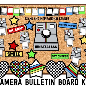 May include: A bulletin board kit with a camera theme. It includes a variety of colorful decorations, such as stars, hearts, and cameras. The board also features the text "#INSTACLASS", "OH, SNAP", "SAY CHEESE", and "PICTURE PERFECT".