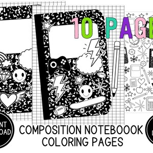 May include: Composition notebook coloring pages with a black and white design. The cover features a rainbow, diamond, heart with wings, smiley face, lightning bolt, and a skateboard. The text "10 PAGES" is visible.