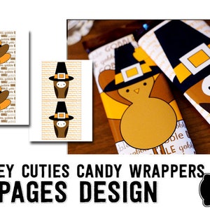 May include: Two printable pages of turkey-themed candy wrappers. The wrappers feature a cartoon turkey wearing a pilgrim hat and the text "gobble gobble".