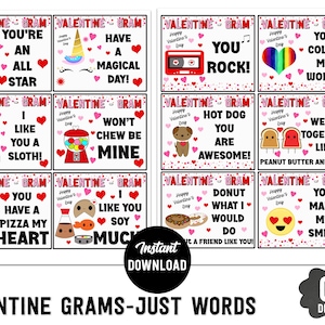 PRINTABLE  Valentine Gram Just Words PTO Classroom  Lunch Box Notes  Memos to Kids