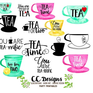 Kubki Tea Party Wonderland z tekstem Word art Cyfrowe ilustracje