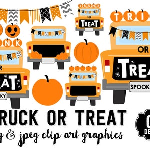 Op de afbeelding: Een set digitale clipart-afbeeldingen voor Halloween met een gele vrachtwagen met de tekst "TRUNK OR TREAT" en "SPOOKY" op de achterkant. De vrachtwagen is versierd met oranje pompoenen, zwart-oranje vlaggetjes en de woorden "TRICK OR TREAT".