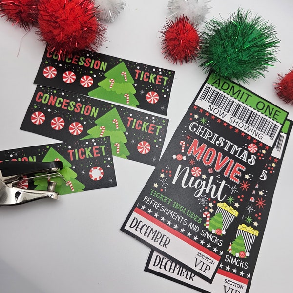 Christmas Holiday Movie Night Digital Ticket Fun Invite for A Xmas Movie Party Family Night with Concession Ticket for Drinks and Snacks