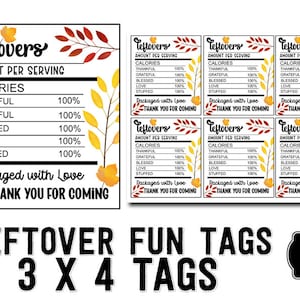 Op de afbeelding: Zes printbare Thanksgiving-thema cadeaulabels met een voedingswaarde-etiketontwerp. De labels hebben een herfstbladerenontwerp met de tekst "Leftovers" en "Packaged with Love, Thank You for Coming".