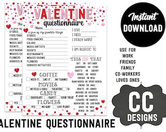 PRINTABLE  Valentine Questionnaire   Love Cupid Questions   Favorite Things   Gift Wish List  SHOPPING LIST  Instant download