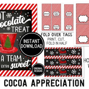 May include: Printable set of hot cocoa appreciation tags and wraps. The tags are red and white striped with a blank space for writing. The wraps are black with red and white stripes and snowflakes. The text on the wraps reads "Hot Cocoa Cheer".