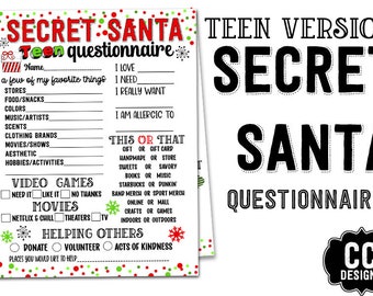 TEEN Secret Santa Young Adult Tween  Questionnaire Printable Shopping List   Wish List Printable   Present List Page INSTANT DOWNLOAD