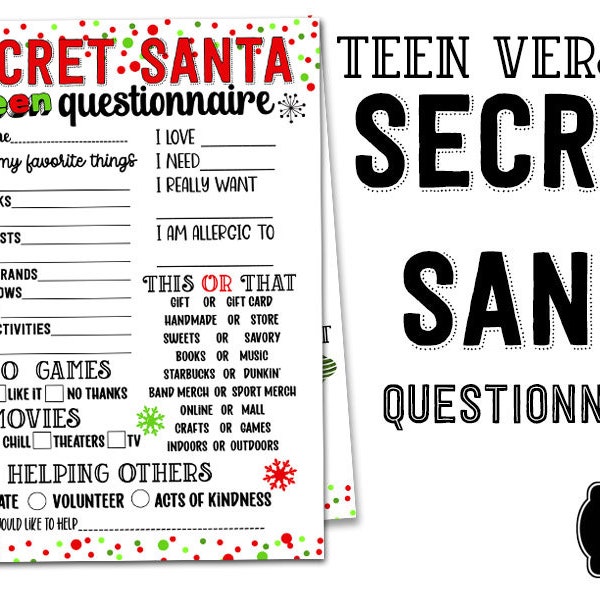 TEEN Secret Santa Young Adult Tween  Questionnaire Printable Shopping List   Wish List Printable   Present List Page INSTANT DOWNLOAD