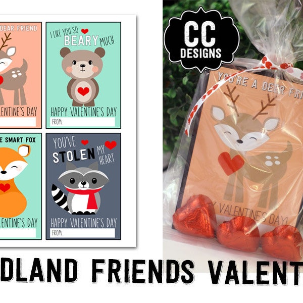 PRINTABLE  Woodland Animal Digital Valentine Card  Digital Card Favor Deer Fox Friends Valentine Favor