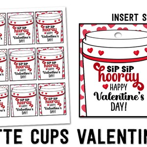 Puede incluir: Diseños de tazas de café con leche para el Día de San Valentín. La imagen muestra varios diseños de tazas de café con leche con el texto "SIP SIP hooray HAPPY Valentine's DAY!" en rojo y negro. Las tazas tienen detalles de corazones rojos y están sobre un fondo blanco.