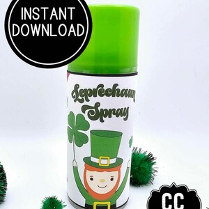 May include: Printable design for a spray can label featuring a cartoon leprechaun holding a four-leaf clover. The label says "Leprechaun Spray".