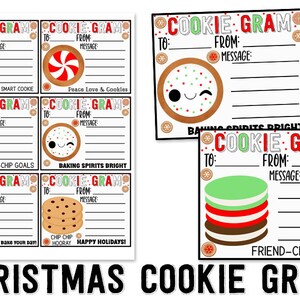 May include: Eight printable Christmas cookie gram cards with different cookie designs and messages. The cards have lines for writing "To:", "From:", and a message.