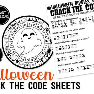 Könnte beinhalten: Schwarz-weiß Halloween-Themen-Druckbögen. Ein Bogen zeigt einen kreisförmigen Code mit einem Geister-Grafik, der andere Rätsel zum Lösen. Der Text lautet "Halloween Crack the Code Sheets".