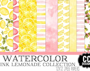 Pink Lemonade Watercolor  12 x 12 Papers Illustration Digital Papers