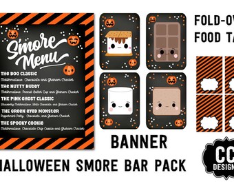 May include: Printable Halloween S'more Bar pack with a banner, food tags, and a menu with different s'more recipes. The banner says "Halloween S'more Bar Pack". The food tags are black with orange and white stripes and have blank spaces for writing. The menu is a black chalkboard with orange and black stripes and lists different s'more recipes with cute pumpkin illustrations.