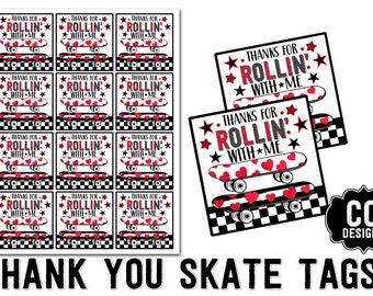May include: Printable thank you tags featuring a black and white checkered background with a red skateboard with white hearts and the text "Thanks for Rollin' with me".
